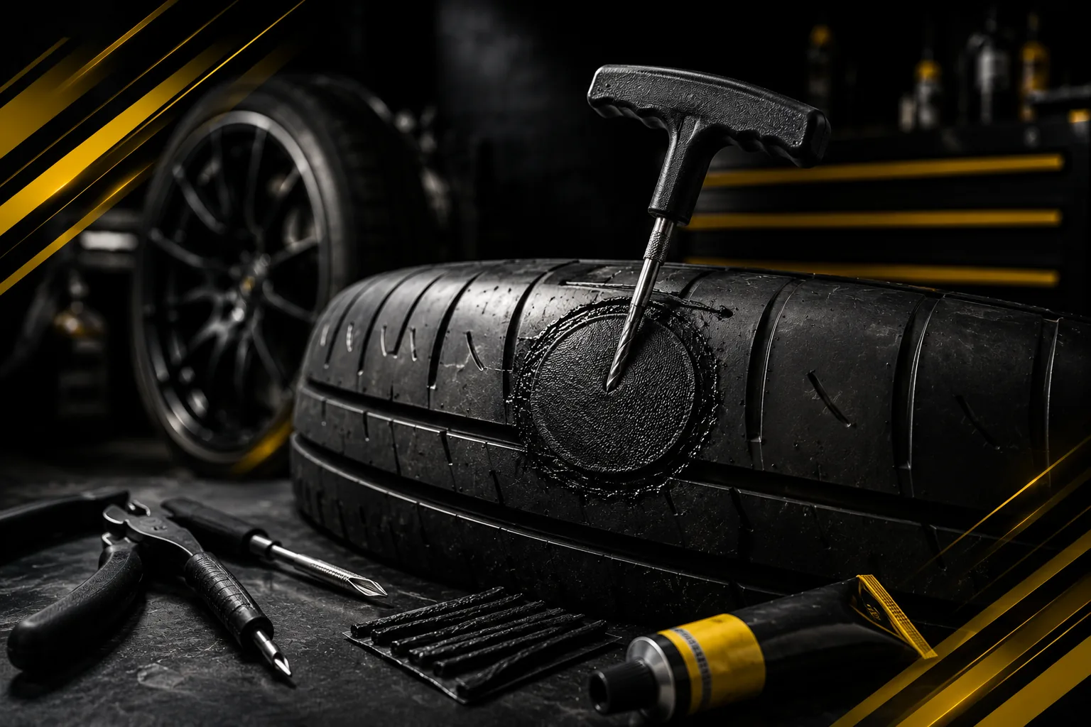 Permanent puncture repair visual with tire repair tools