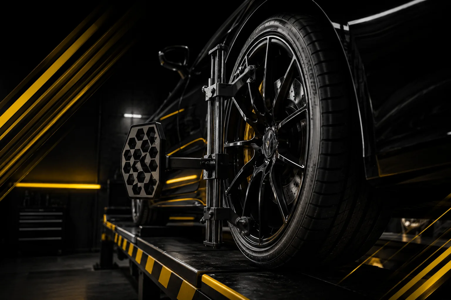 Tire service and wheel alignment equipment in automotive workshop